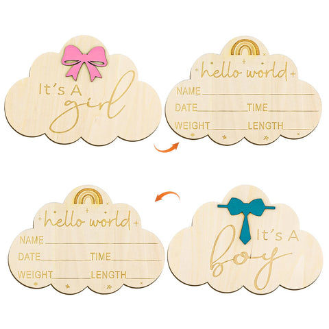 2pcs Wooden Baby Announcement Sign, Double-Sided Newborn Gender Reveal Its a Boy Girl Sign Welcome Hello World Name New Baby Birth Announcement Sign for Hospital Nursery Baby Shower (Cloud)