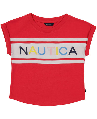 Nautica Girls' Short Sleeve Graphic Logo T-Shirt, Everyday Casual Wear, Soft & Comfortable Fit, Hibiscus Billboard, 4