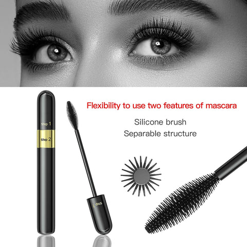 2 in 1 Double-effect 4D Black Mascara for Eyelashes, Curly Thick Waterproof Non-Smudged Long lasting Charming Lash for Women Cruelty Free Vegan Eye Makeup