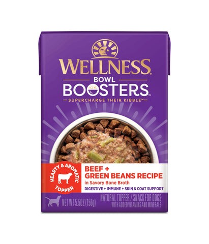 Wellness Bowl Boosters Hearty Toppers, Beef & Green Beans Recipe in Savory Bone Broth Dog Food Toppers, 5.5 Ounce Pouch (Pack of 12)