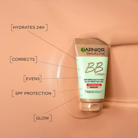 Garnier SkinActive Anti-Age BB Cream, Shade Medium, Tinted Moisturiser SPF 25, Softens Fine Lines & Firms Skin, With Hyaluronic Acid, Aloe & Mineral Pigments, 50 m