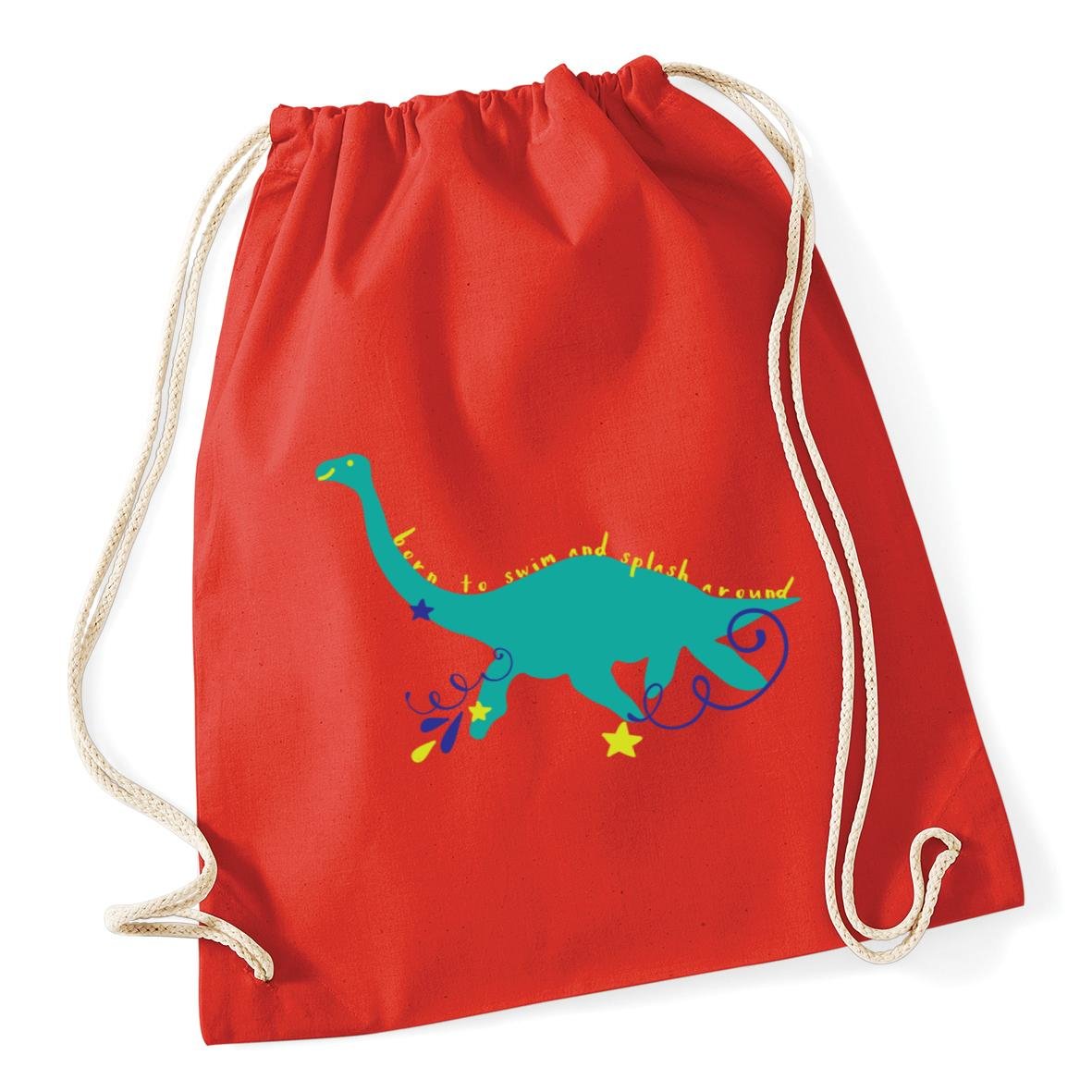 Hippowarehouse Born To Swim And Splash Around Cute Dinosaur Drawstring Cotton School Gym Bag 37cm x 46cm, 12 litres