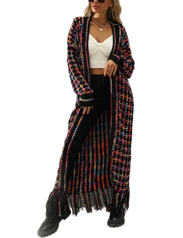 Perbai Womens Boho Cardigan Sweater Open Front Fringed Tassels Aztec Maxi Cardigan Jacket(Purple-XXL)