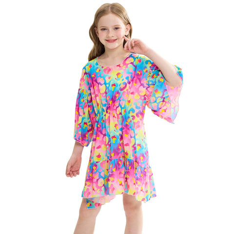 Beach Cover Up for Girls Unicorn Swim Cover Up Chiffon Baby Bathing Suit Coverup quick dry Swimsuit Tunic Dress for Toddler (Leopard, 7-9 Years)