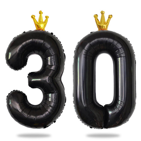 Yiran 40inch Black Foil Balloon Number 30 with Gold Crown, Large Number Balloons, Helium 30 Balloon Numbers, Black 30th Birthday Decorations for Men Women/Anniversary Party Decorations