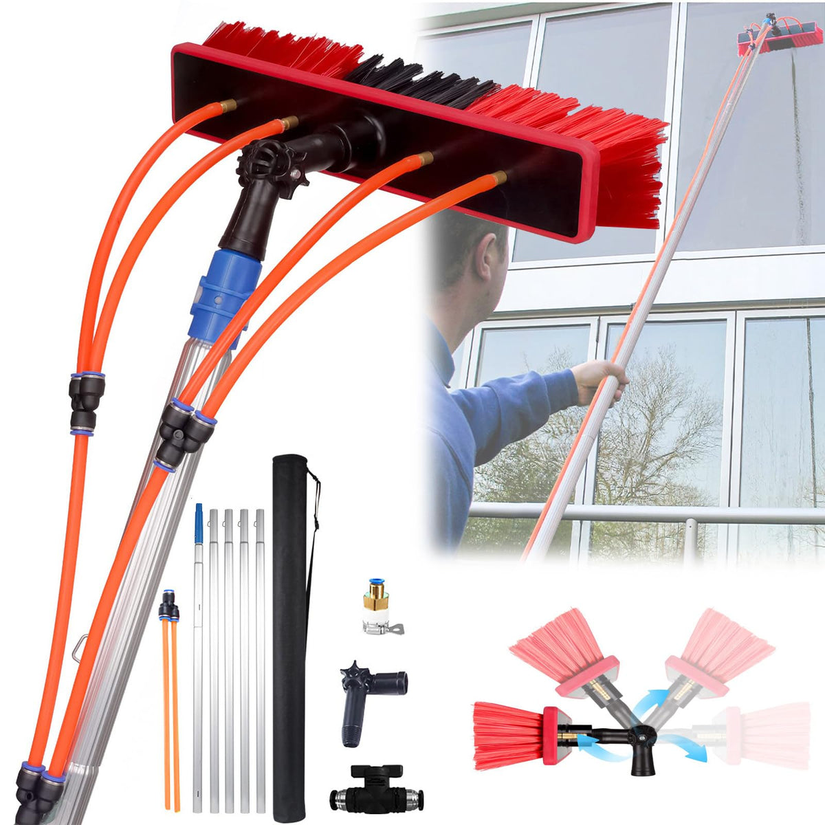 Solar Panel Cleaning Kit, 5-12 M Water Delivery Window Cleaning Rod, 180° Rotatable Brush Head / 20M Water Hose, Retractable Long Window Cleaning Brush,30cmBrush-10m
