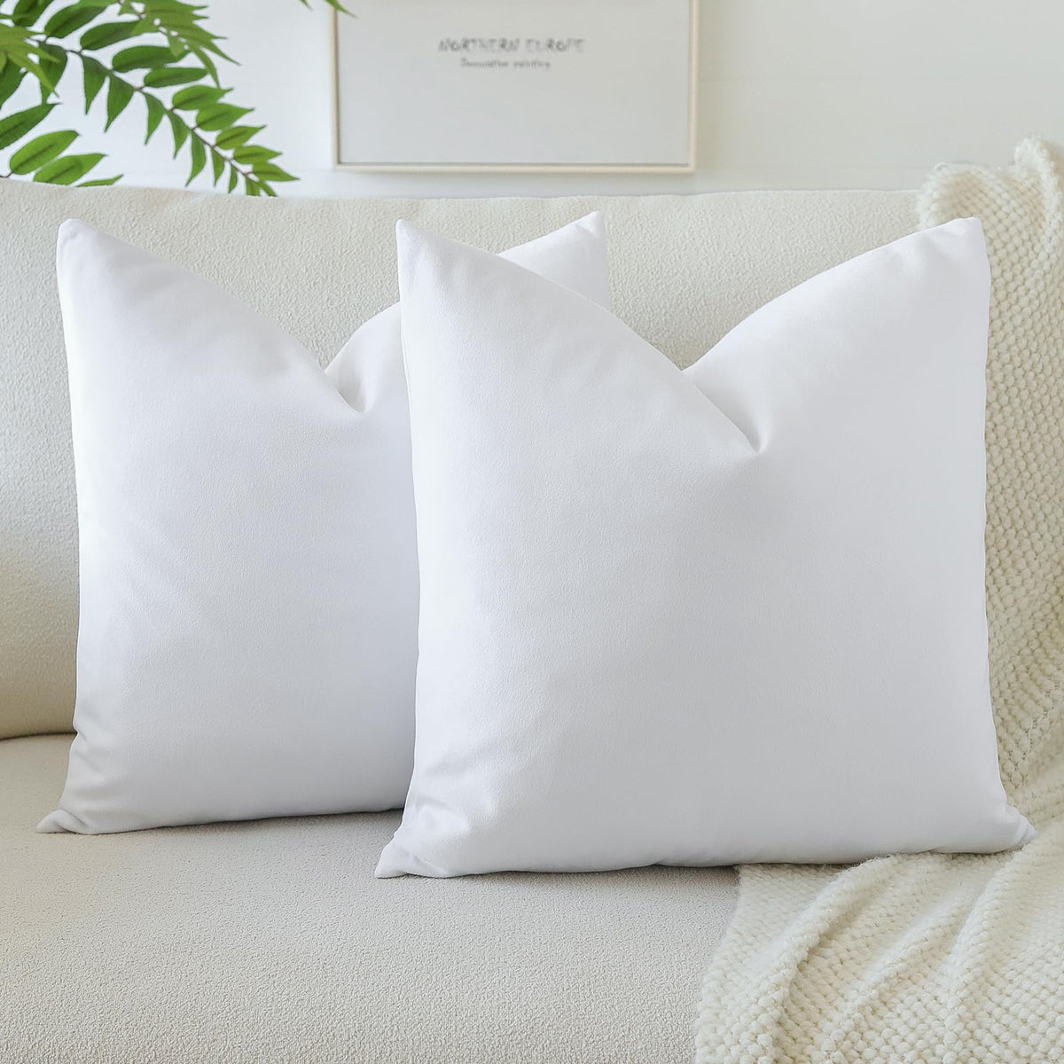JOTOM Soft Velvet Decorative Throw Pillow Covers 24x24 Inch Solid Square Cushion Covers 60x60 cm Pillowcases Cushion Case for Sofa Couch Living Room Bedroom Home Decor Set of 2 (Pure White)