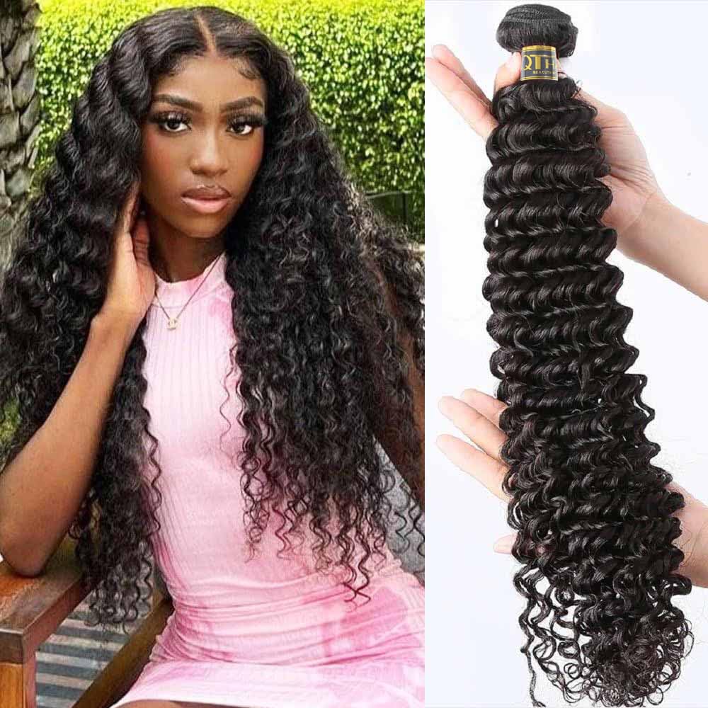 QTHAIR 12A Brazilian Deep Wave Bundles(28", 1 Bundle) Brazilian Virgin Human Hair Bundles Long Hair Deep Wave Human Hair Brazilian Hair Bundles Deep Curly Human Hair Bundles Deep Wave