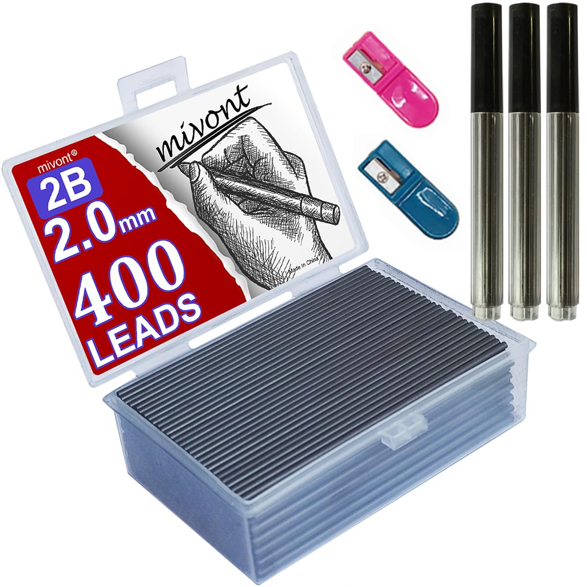 mivont 400pcs 2mm 2B HB Black 2.0mm Mechanical Pencil Holder Lead Refill drawing draft