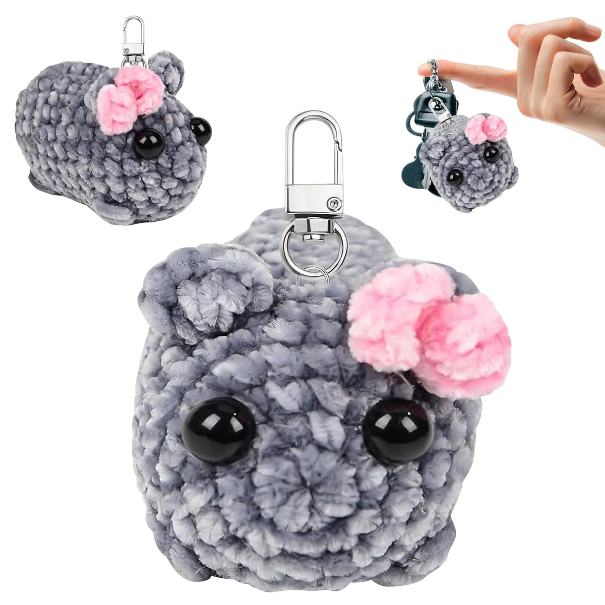 Sad Hamster Keychain,Cute Hand Woven Hamster Ornament,Sad Hamster Crochet Doll,Hamster Plush Toy,Gift for Kids and Adults, grey, A