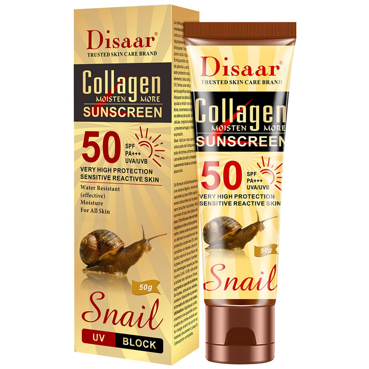 DISAAR BEAUTY Collagen Snail Extract Sunscreen 50 SPF PA+++ UVA/UVB Hight Protection Sensetive Skin Water Resistant Moisture 50g / 1.76oz
