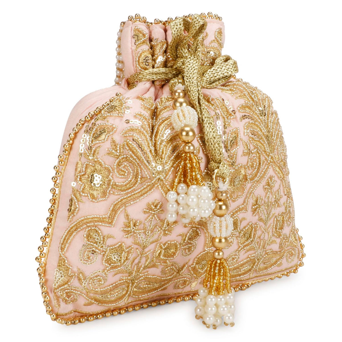 LONGING TO BUY Potli Bags with Golden Embrodiery, Polti Clutch For Wedding, Evening Function, Baby Pink, L 8" X W 1" x H 9" Inch