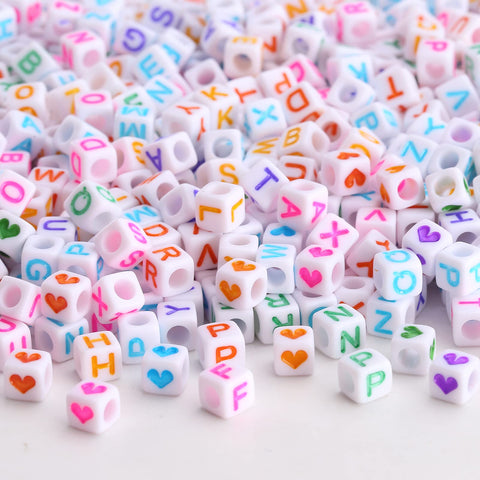 HERZWILD 1000 Pcs Letter Beads and Heart Beads Acrylic Alphabet Cube Beads Mixed Colorful Cube Letter Beads A - Z Beads for Making Art Craft Weaving DIY Bracelets(W/C)