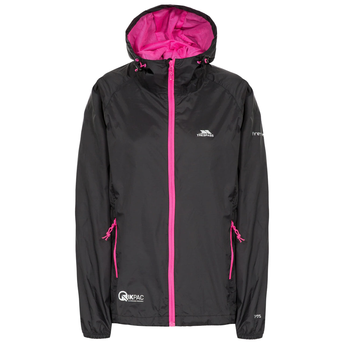 Trespass Qikpac Jacket Female, Black, XL, Compact Packaway Waterproof Jacket for Women, X-Large, Black