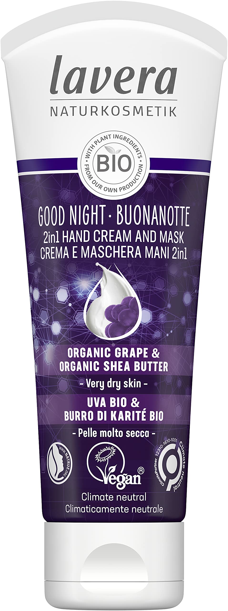 lavera Good Night 2in1 Hand Cream and Mask - natural cosmetics - vegan - certified - organic grape & organic shea butter - 75ml, white