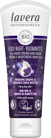lavera Good Night 2in1 Hand Cream and Mask - natural cosmetics - vegan - certified - organic grape & organic shea butter - 75ml, white