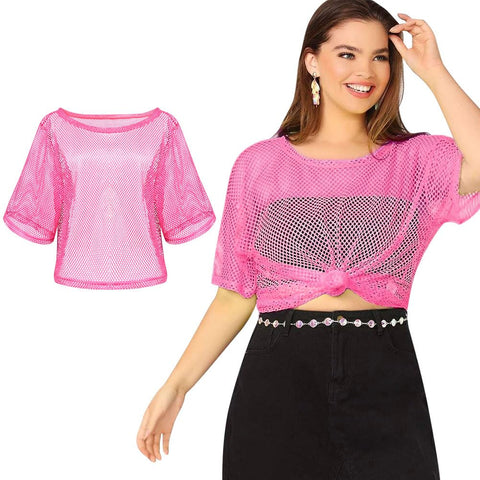 Aomig 80s Neon Fishnet Mesh T-Shirt, 1980s Neon Fancy Dress Costume for Women Girls, Women Sexy Casual Top for 1980s Retro Theme Party
