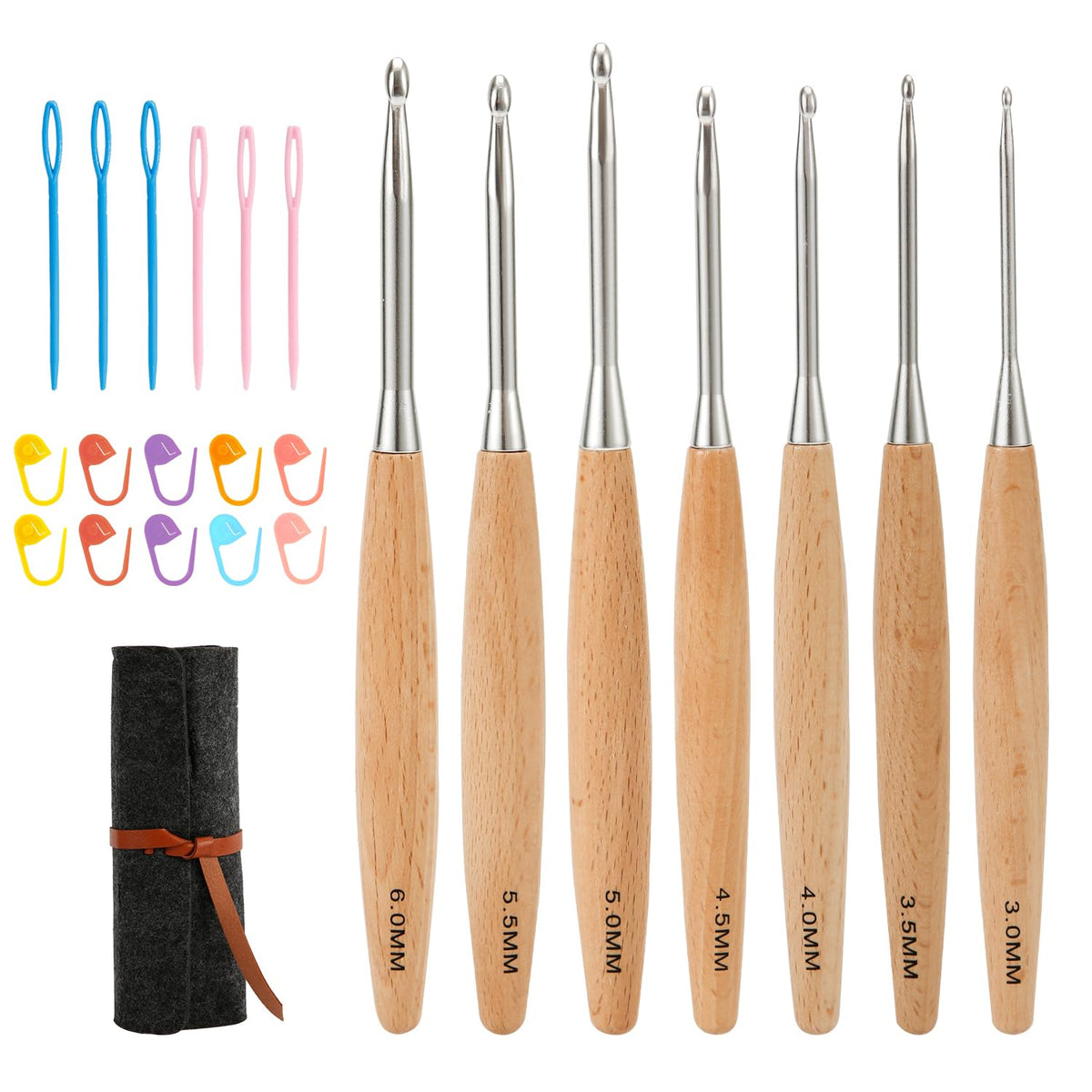 7pcs Beech Wood Crochet Hooks Set, 3/3.5/4/4.5/5/5.5/6mm Ergonomic Handle Crochet Hooks Wood Crochet Hooks Set with Felt Bag for Beginners Crochet & Knitting Accessories