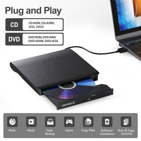 ORIGBELIE External CD/DVD Drive for Laptop, USB 3.0 CD Burner External DVD Drive Portable DVD Player for Laptop Desktop PC Apple Mac Windows 11/10/8/7/XP Linux OS with Carrying Case