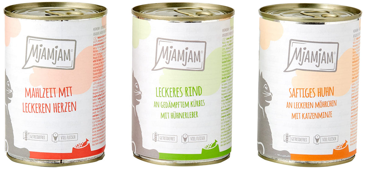 MjAMjAM - premium wet food for cats - mixed package I - chicken, beef, hearts, pack of 6 (6 x 400 g), grain-free with extra meat