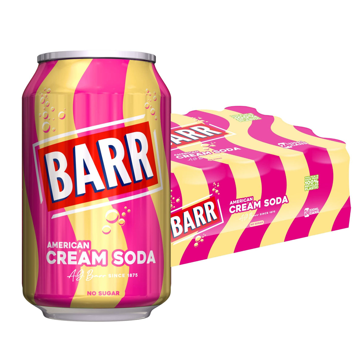 BARR since 1875, 24 Pack American Cream Soda, Zero No Sugar Sparkling Soft Drink with a Creamy Taste of American Cream Soda, "Fizzingly Fun" - 24 x 330 ml Cans