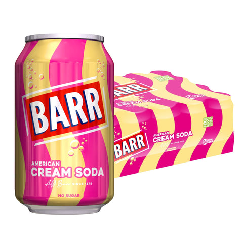 BARR since 1875, 24 Pack American Cream Soda, Zero No Sugar Sparkling Soft Drink with a Creamy Taste of American Cream Soda, "Fizzingly Fun" - 24 x 330 ml Cans