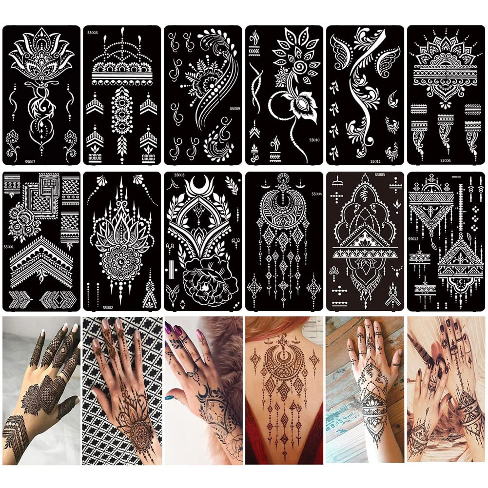 XMASIR 12 Sheets Henna Tattoo Stencils, Glitter Airbrush Hand Temporary Tattoo Stickers Indian Arabian Self Adhesive Tattoo Templates (S5-12P)