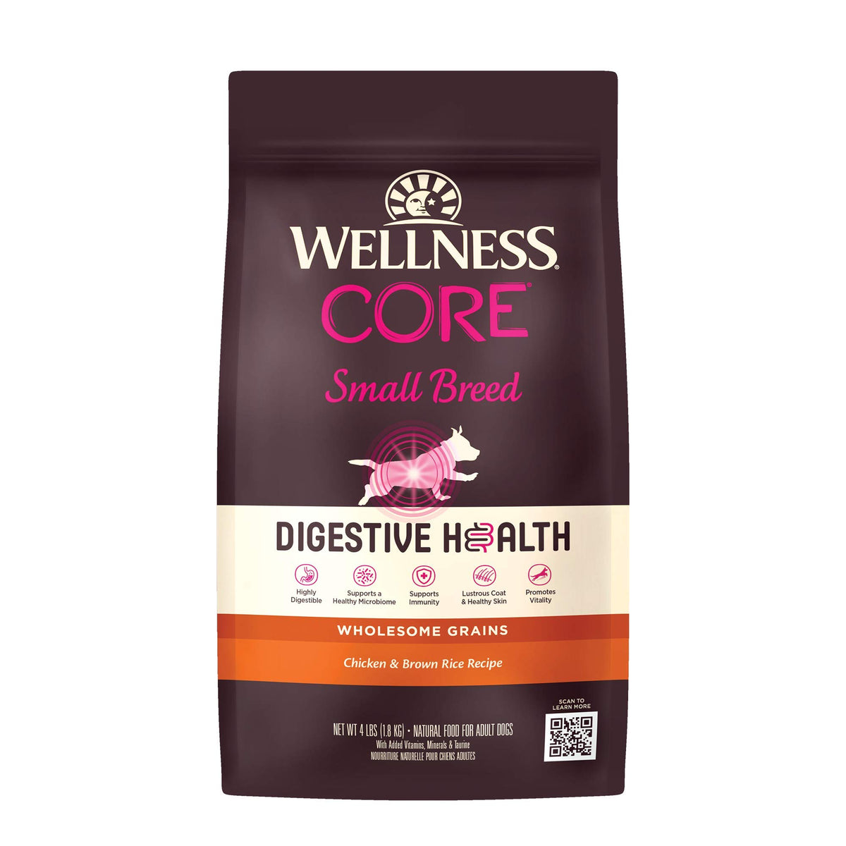 Wellness CORE Digestive Health Dry Dog Food with Wholesome Grains, Highly Digestible, for Dogs with Sensitive Stomachs, Made in USA with Real Protein (Small Breed, Chicken & Brown Rice, 4-Pound Bag)