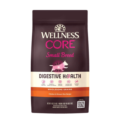 Wellness CORE Digestive Health Dry Dog Food with Wholesome Grains, Highly Digestible, for Dogs with Sensitive Stomachs, Made in USA with Real Protein (Small Breed, Chicken & Brown Rice, 4-Pound Bag)
