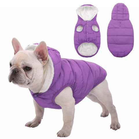Dog Fleece Hoodie, Windproof Waterproof Dog Coat Fleece & Cotton Lined Warm Dog Jacket, Cold Weather Pet Apparel Clothes Vest for Small Medium Large Dog (L: Length 15", Chest 17.3"-20", Purple)