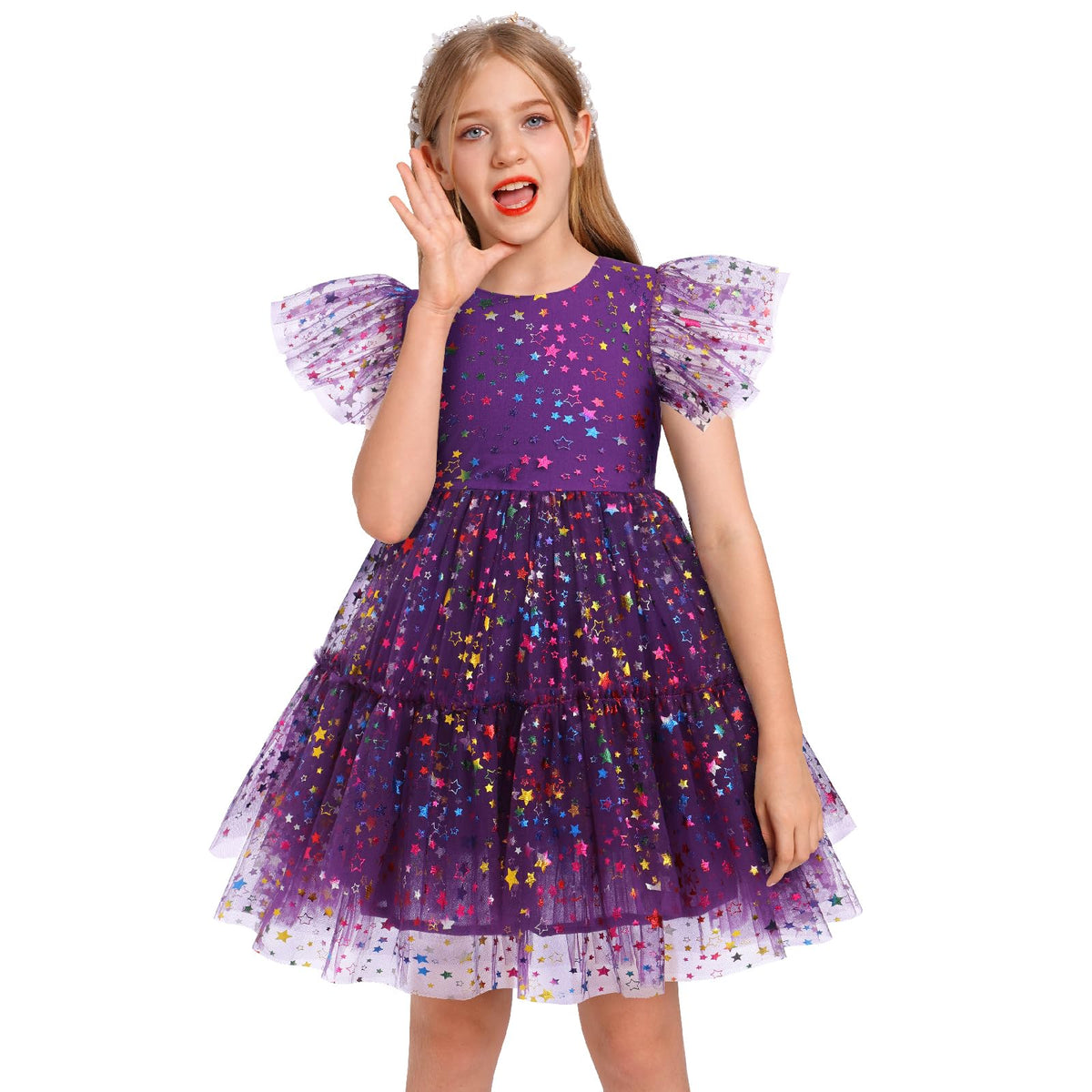 Girl Sparkly Sequins Star Dress Flutter Sleeve Tulle Tutu Teen Girl Birthday Dress Kids Formal Wedding Christmas Midi Outfits Flower Girl Princess Babydoll Dresses Dark Purple Star 7-8 Years