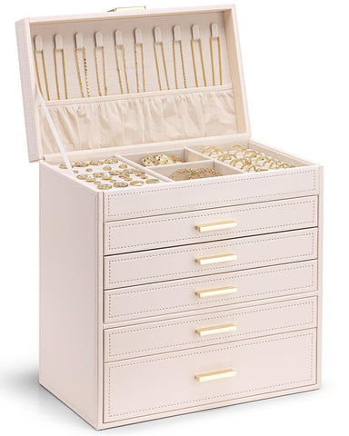 Vlando Jewelry Box Organizer,Large Jewelry Storage for 5 Drawn,PU Leather Jewelry Boxes for Women,Earring Necklace Rings Watch Display Boxes,Wedding Birthday Gift Apricot White