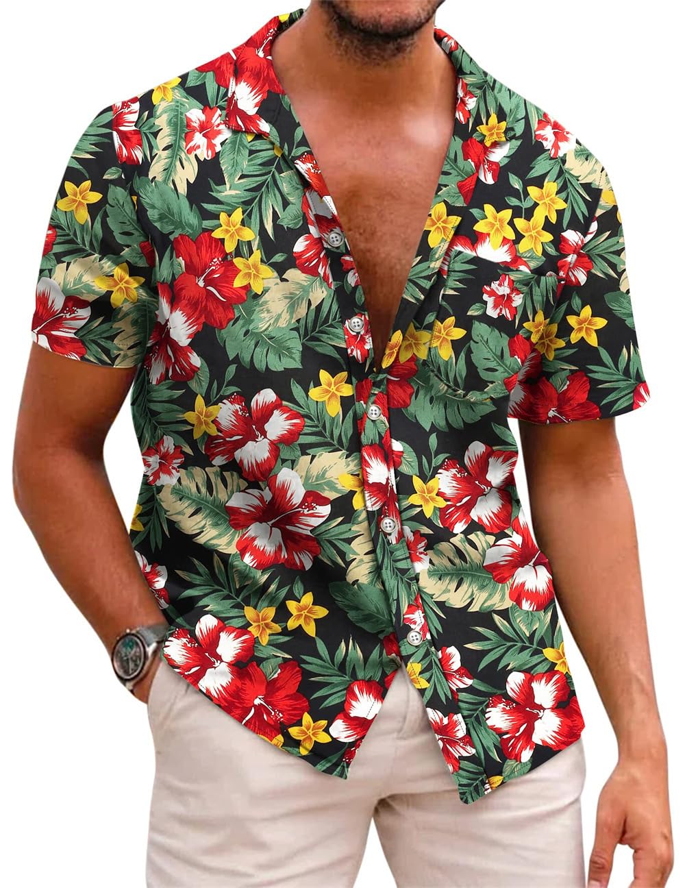 Runcati Mens Hawaiian Shirts Short Sleeve Button Down Cuban Palm Print Beach Tropical Holiday Shirt Black
