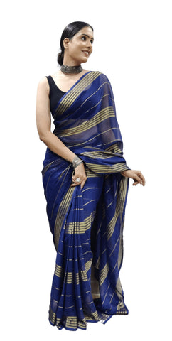 Sidhidata Women's Georgette Lining Ready To Wear one Minute Saree With Unstitched Blouse Piece (33 Patti Navy_Bottle Green_Free Size)