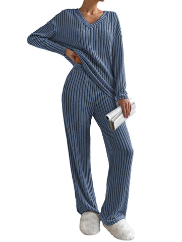 Famulily Lounge Wear Sets for Women Oversized Long Sleeve Tops and Trousers, Ladies Travel Outfits Wide Leg Two Piece Loungewear Winter Pyjamas Leisure Suits (M, Blue)
