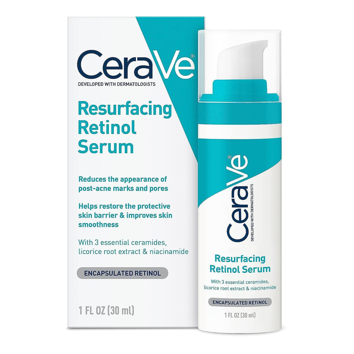 CeraVe Retinol Serum for Post-Acne Marks and Skin Texture | Pore Refining, Resurfacing, Brightening Facial Serum with Retinol and Niacinamide | 1 Oz