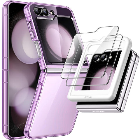 JETech 3 in 1 Case for Samsung Galaxy Z Flip 5 with 2-Pack Tempered Glass Front Screen Protector, Crystal Transparent Hard PC Shell Protective Phone Cover (Purple)