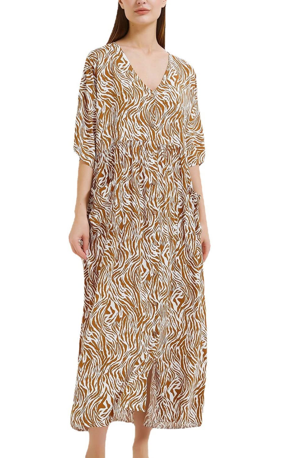 YouKD Maxi Dress V-Neck Kaftan Dress Boho Beach Bikini Cover Up Robe Plus Size Loungewear for Women B Brown