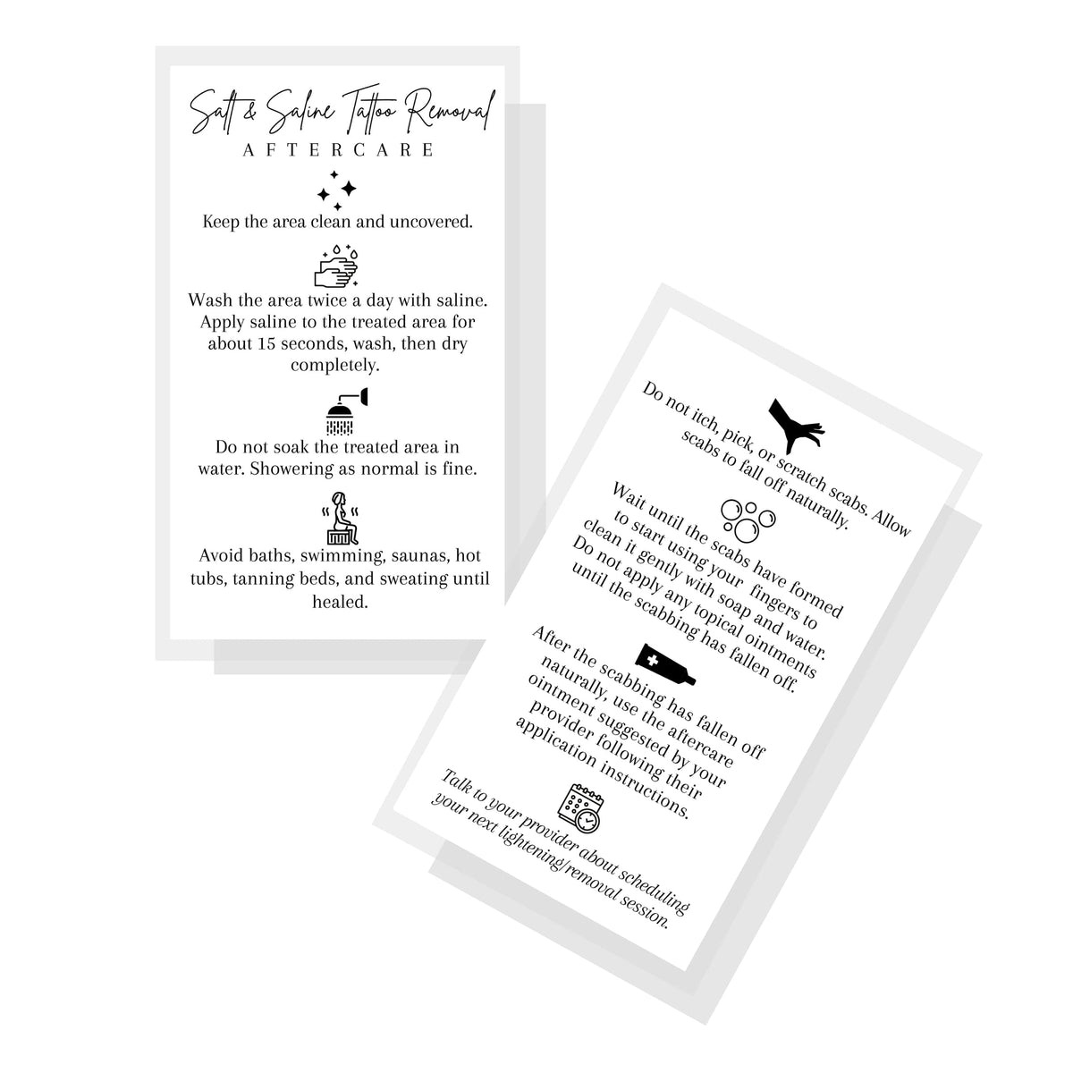 Salt & Saline Tattoo Removal Aftercare Instructions | 50 Pack | Size 2x3.5" inch Business Sized Card | Safe Tattoo Lightening Removal | White Card Design