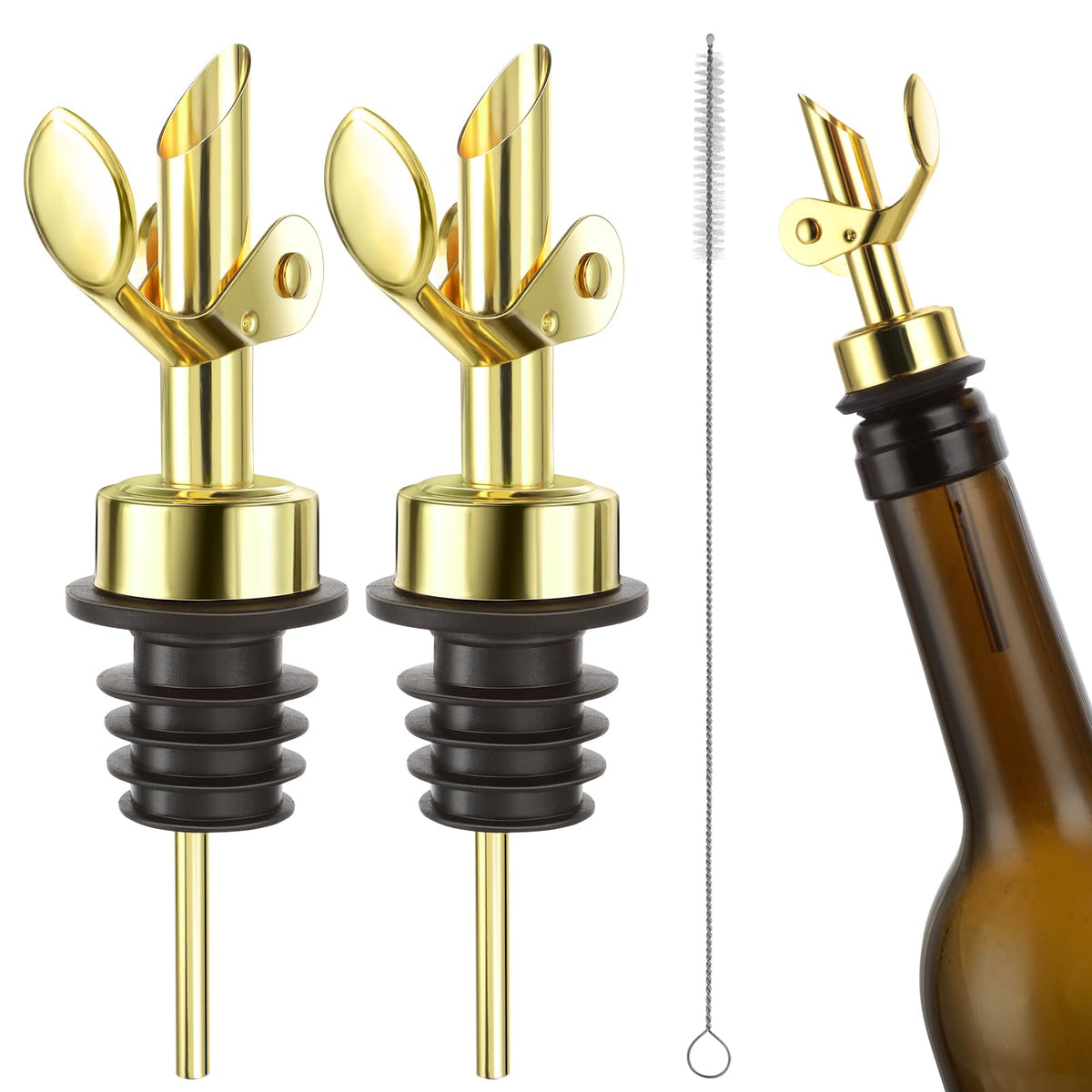 Mabor 2pcs Olive Oil Pourer Spout, Olive Oil Stopper Pourers(Gold)-Self Closing Design,Bottle Pourers for Pours Liquid,Wine,Vinegar