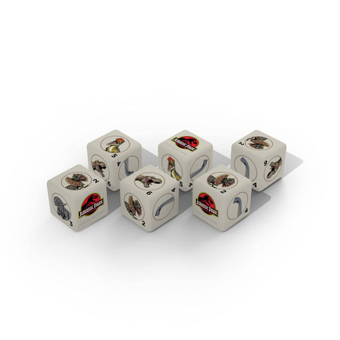 Jurassic Park Dice Set | Collectible d6 Dice Featuring Dinosaurs & More - Jurassic Park Logo, Dilophosaurus, Triceratops, Brachiosaurus, Velociraptor, and T-Rex | Officially Licensed 6-Sided Dice