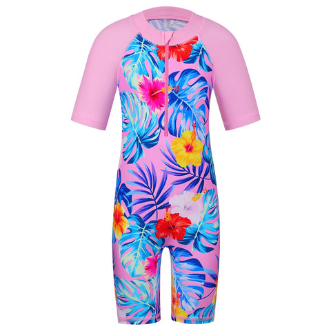 ZNYUNE Girls' One-Piece Swimming Costume Sun Protection Swimwear Kids Long Sleeve Swimsuit, Dzs376-Pink, 8-10 Years