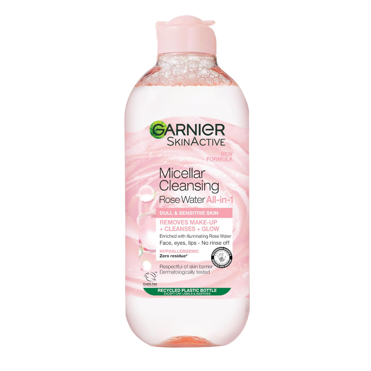 Garnier Micellar Rose Water For Dull Skin 400 ml, Glow Boosting Face Cleanser and Makeup Remover, Recognised By The British Skin Foundation, Use With Reusable Micellar Eco Pads