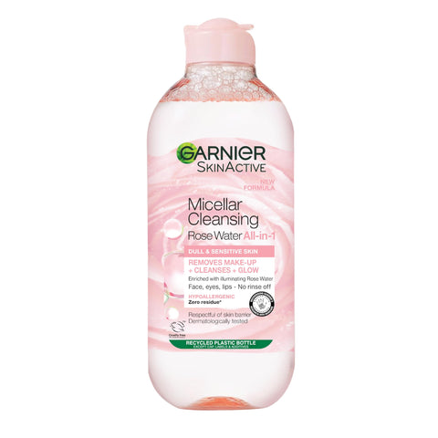 Garnier Micellar Rose Water For Dull Skin 400 ml, Glow Boosting Face Cleanser and Makeup Remover, Recognised By The British Skin Foundation, Use With Reusable Micellar Eco Pads