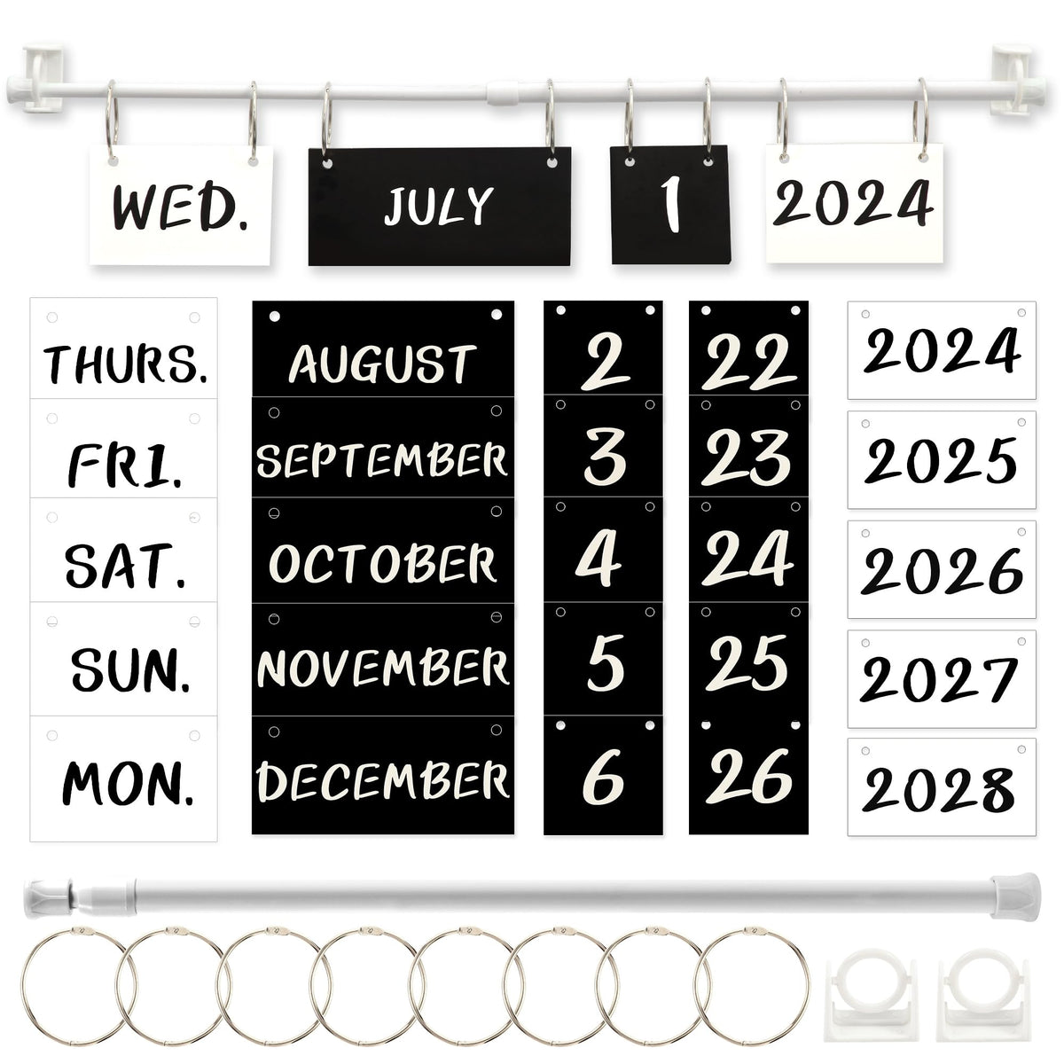 Classroom Calendar, Black White Calendar Bulletin Board Decoration Set Adjustable Flip Calendar with Rod, Back to School Calendar Card Decorations with Year, Month, Day, Week