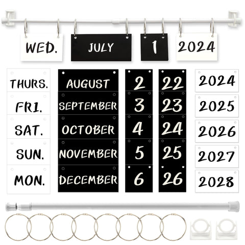 Classroom Calendar, Black White Calendar Bulletin Board Decoration Set Adjustable Flip Calendar with Rod, Back to School Calendar Card Decorations with Year, Month, Day, Week