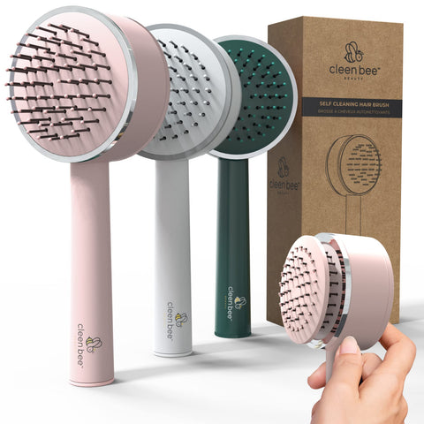 Cleen Bee Self Cleaning Hair Brush For Women, Men, Boys And Girls | Built-In Anti Static Hair Brush Cleaner Tool | Prevent Excess Hair Buildup With The Press Of A Button (Pink)