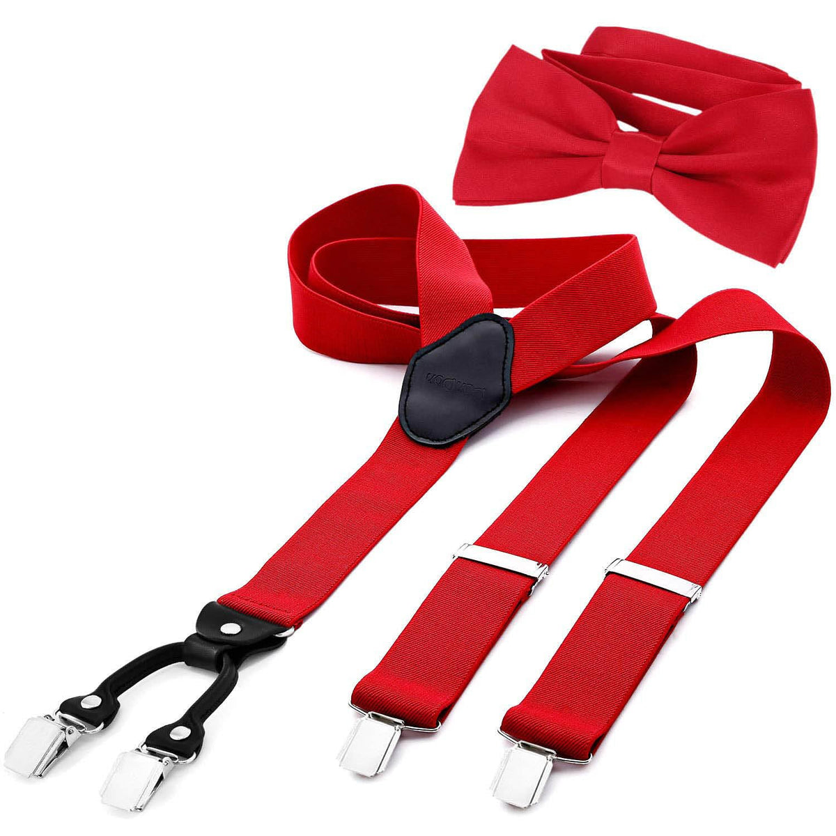DonDon Menâ€™s 1,38" wide Y style elastic and adjustable braces suspenders as a 2-piece set with matching colour bowtie 4.72 x 2.36 - Red
