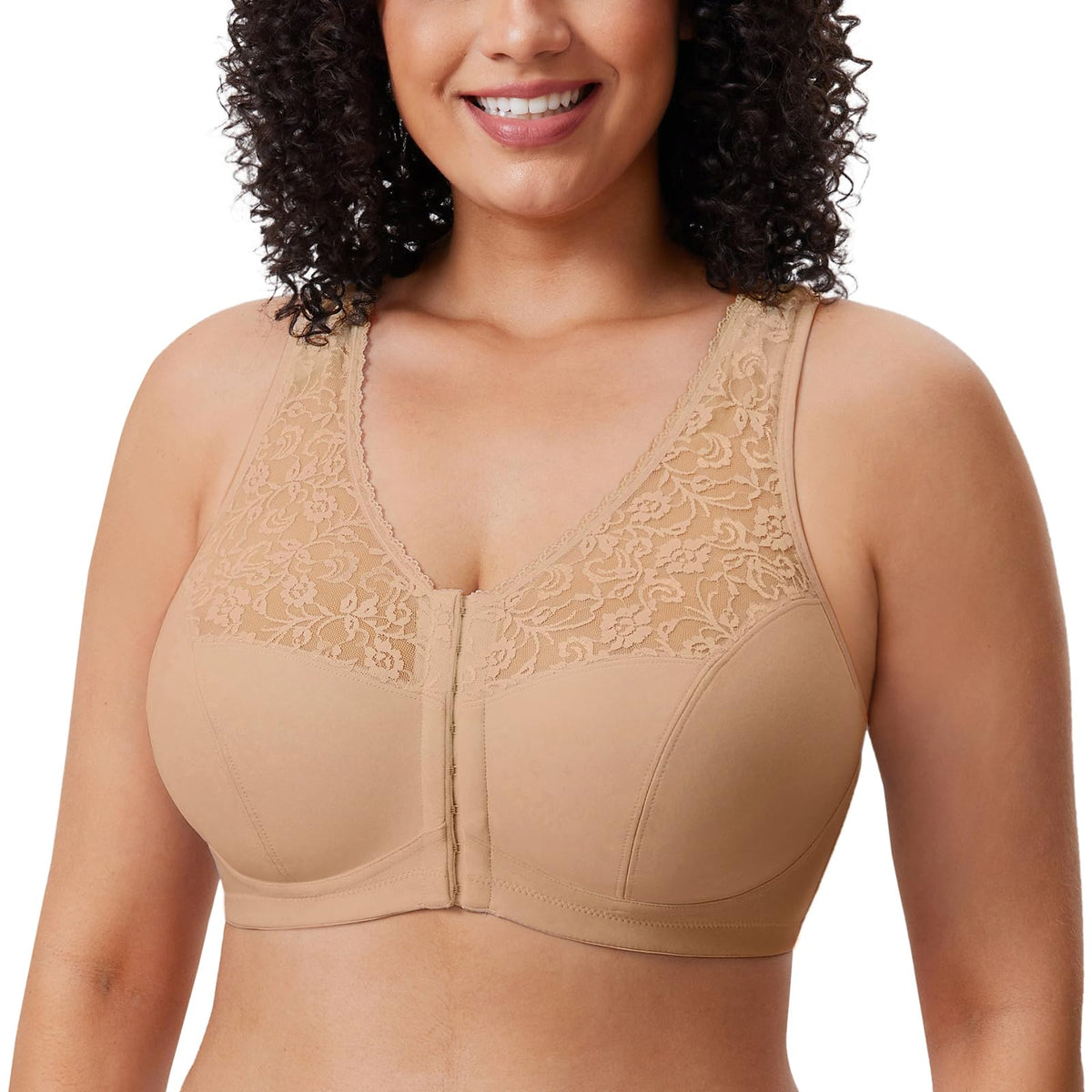 DELIMIRA Women's Front Closure Bras Racerback No Underwire Plus Size Full Coverage Lace Cotton Bra Taupe Tan 48C
