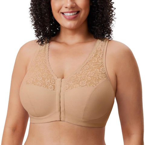 DELIMIRA Women's Front Closure Bras Racerback No Underwire Plus Size Full Coverage Lace Cotton Bra Taupe Tan 48C